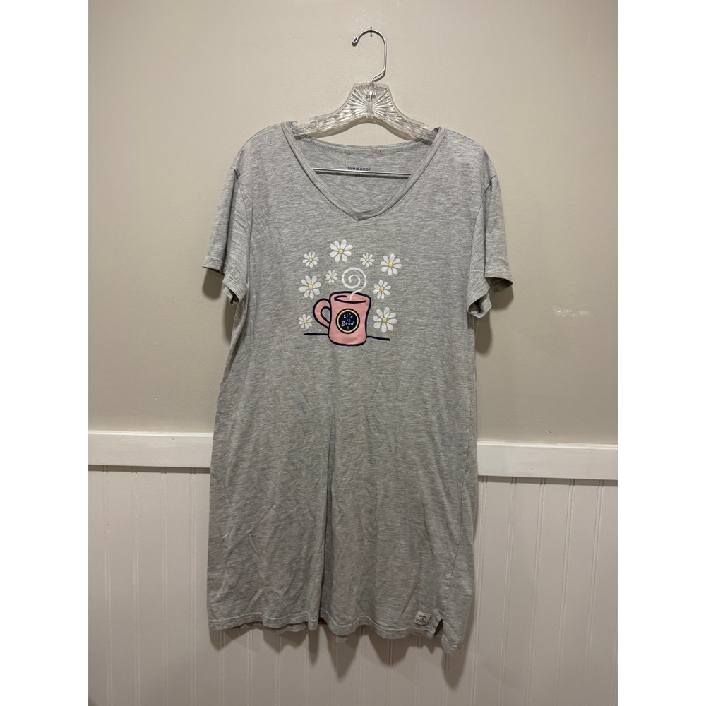 Life is Good Sleep Shirt Short Sleeve Coffee Flowers Gray Women Size Large